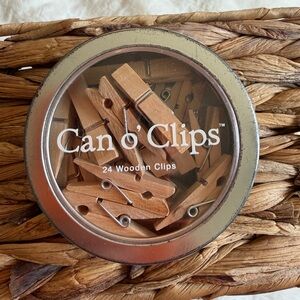 21 miniature wooden pins in a can